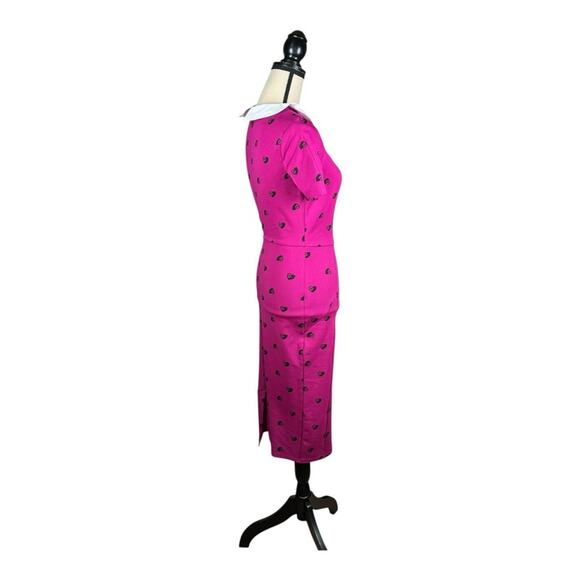 Unique Vintage Berry Pink Black Cat Print Renata Pencil Dress - Picture 5 of 7